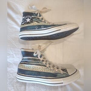 Converse High Top Sneakers - Ivory & Teal/Green Stripes - Women's 9